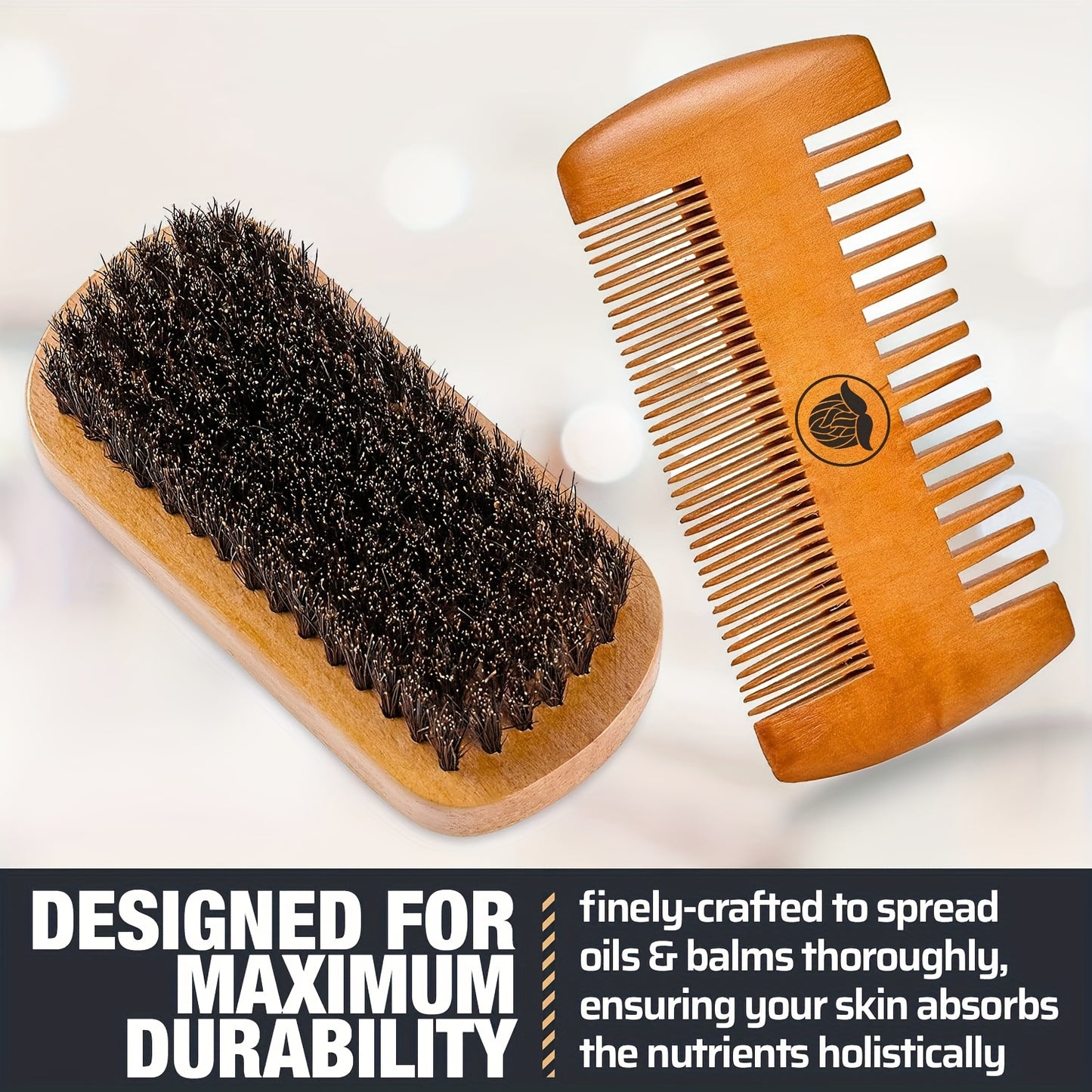 Wooden Beard Brush and Comb Set for Men