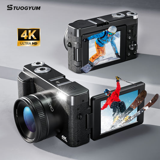 STUOGYUM 4K Digital Camera For Photography 48MP Vlogging Camera Video Autofocus Anti-Shake 3inch 180 Degree Flip Screen Compact Camera With Flash 16X Digital Zoom Cameras Comes With 32G TF Card And UV Filter Lens