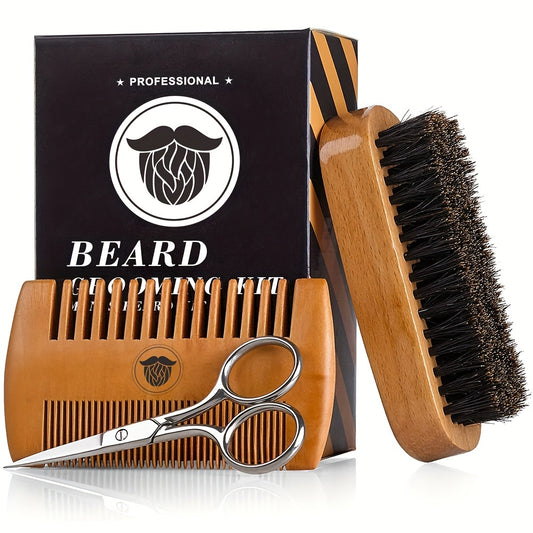 Wooden Beard Brush and Comb Set for Men